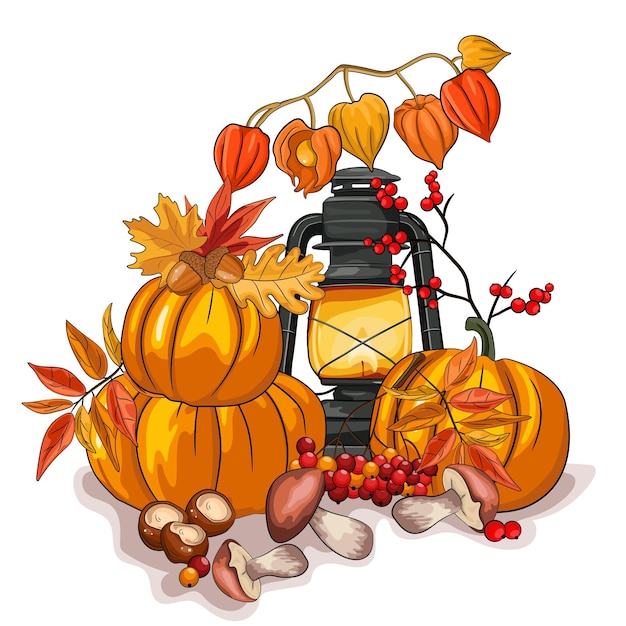 Creative autumn harvest cartoon vector illustration. fall kerosene lamp with pumpkins and mushrooms