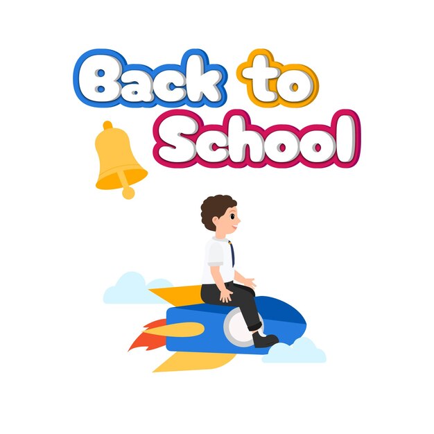 Creative back to school illustration boy in school uniform flies to classroom on a rocket