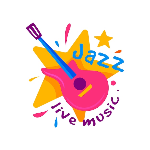 ベクトル ジャズクラブのクリエイティブバッジ ライブ音楽 鮮やかなオレンジ色の星とピンクのギターのエンブレム 楽器 シャツのプリントや広告ポスターのグラフィック要素 孤立したフラットベクトルイラスト