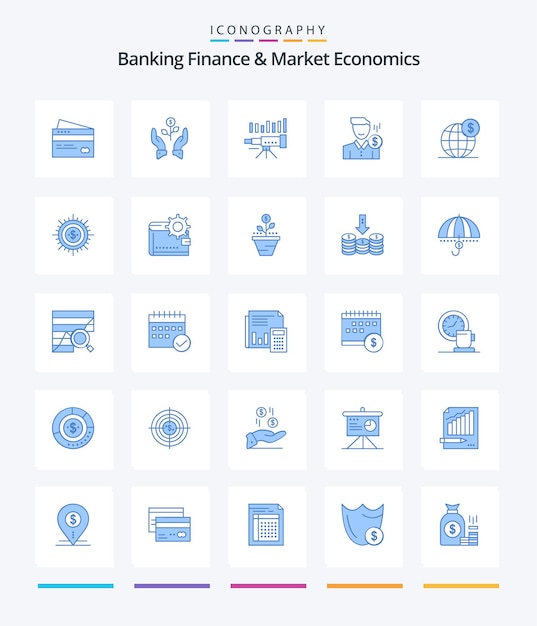 Creative banking finance and market economics 25 blue icon pack such as forecast telescope growth raise dollar