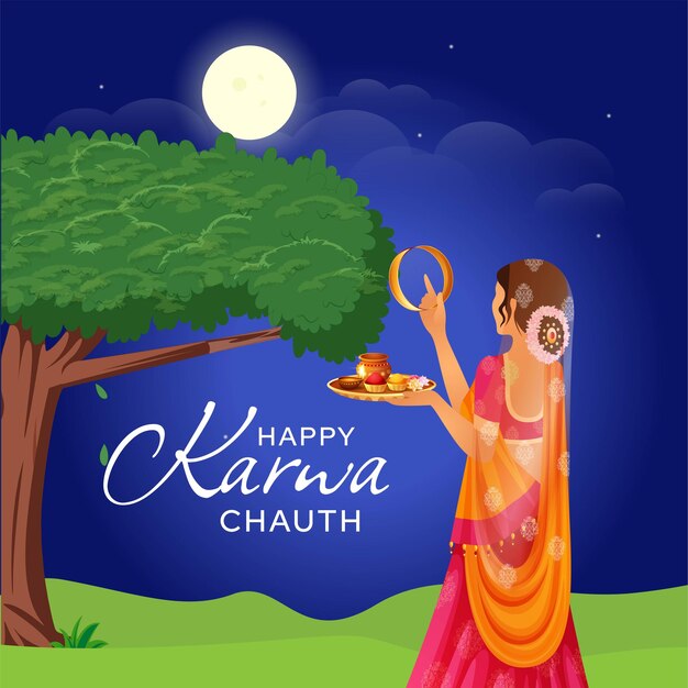 행복 Karwa Chauth 만화 스타일 템플릿의 크리에이 티브 배너 디자인