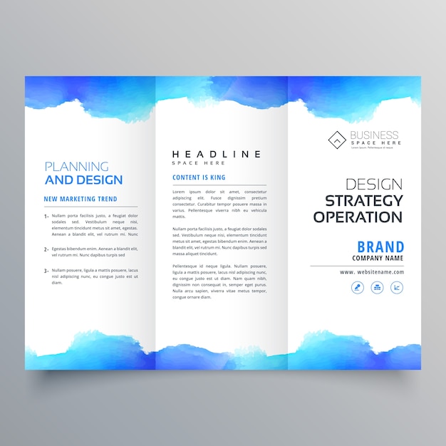 Vector creative blue watercolor trifold brochure design template