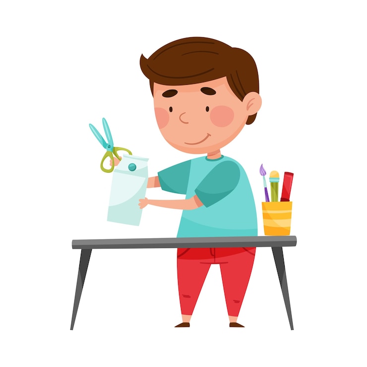 Vector creative boy crafting from used carton package vector illustration