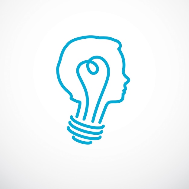 Creative brain concept, intelligent person vector logo. light bulb in a shape of child head profile. bright mind, thinking and brainstorming idea icon.