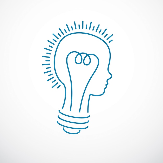 Vector creative brain concept, intelligent person vector logo. light bulb in a shape of child head profile. bright mind, thinking and brainstorming idea icon.