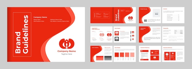 Creative branding guidelines and manual presentation template vector with red and dark colors Corporate brand identity and logo guidelines layout Company design manual template vector