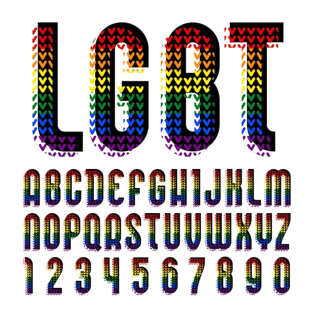 創造的な明るいフォント、ポップアートのスタイルのアルファベット、lgbtパターンで高詳細のベクトル文字と数字。