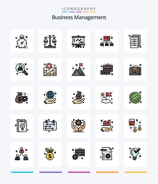 Creative business management 25 line filled icon pack such as management document chart business management