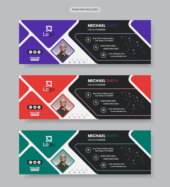 Vector creative business personal email signature design in three different colors with a flat style