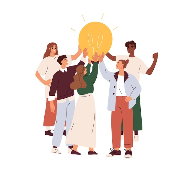 Creative business team and lightbulb. Work under brilliant idea, brainstorming, finding solution concept. Group collaboration, teamwork. Flat graphic vector illustration isolated on white background