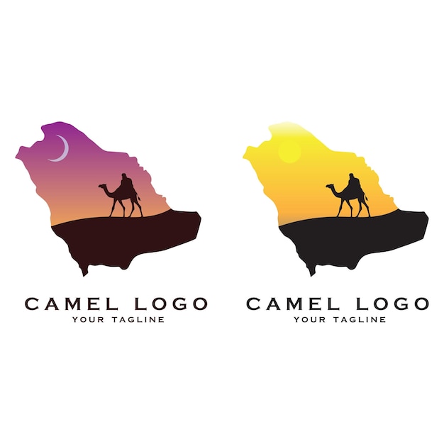 Vettore logo cammello creativo con deserto su una mappa araba con modello slogan