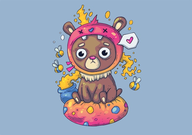 Creative Cartoon Illustration. Moody bear with a pot of honey.