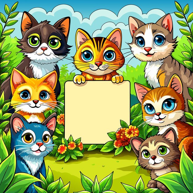 Creative cats square frame with text place hand drawn mascot cartoon character sticker icon concept