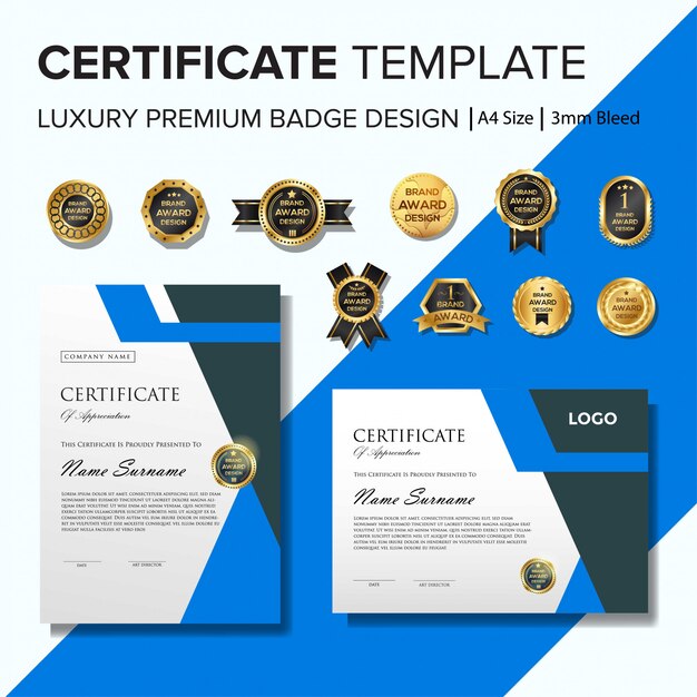 Creative certificate template with blue geometric shapes