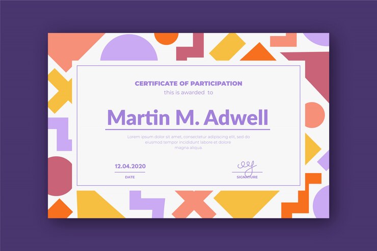 Creative certificate template with colorful geometry shapes.