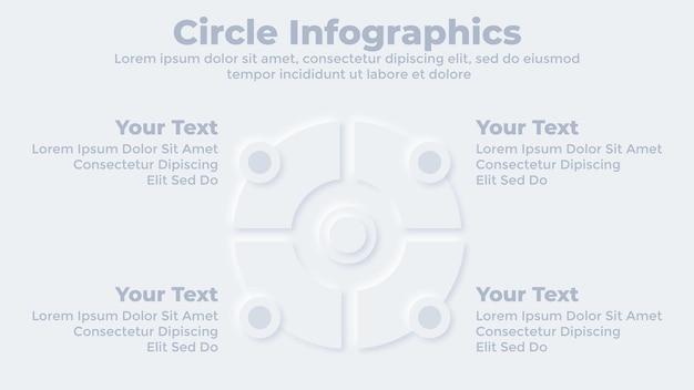 Modello di diapositiva di presentazione aziendale neumorfica infografica a quattro fasi del cerchio creativo