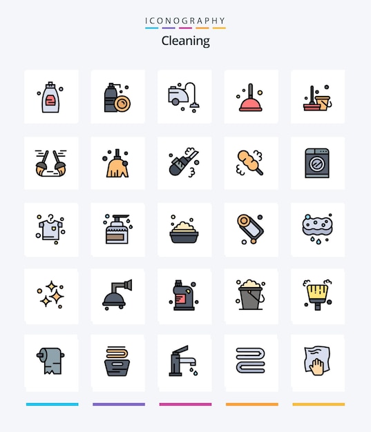 Creative cleaning 25 line filled icon pack zoals schone heks schone dweil bezem