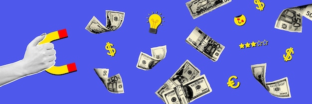 creative collage featuring a hand holding a magnet attracting money bills light bulbs