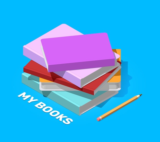 Vector creative color illustration of isometric pile of books with pencil and text