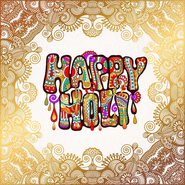 Iscrizione creativa del disegno a mano colorata del concetto di celebrazione di happy holi del festival indiano