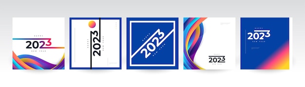 Set di poster di felice anno nuovo 2023 creativo e colorato adatto per la copertina del volantino del poster del banner della carta e il modello di post sui social media