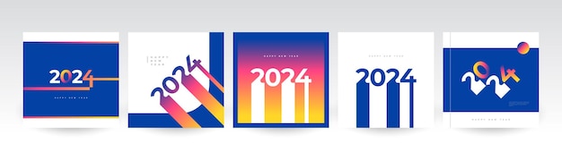 카드 배너 포스터 전단지 표지 및 소셜 미디어 게시물 템플릿에 적합한 창의적이고 다채로운 2024 새해 복 많이 받으세요 포스터 세트