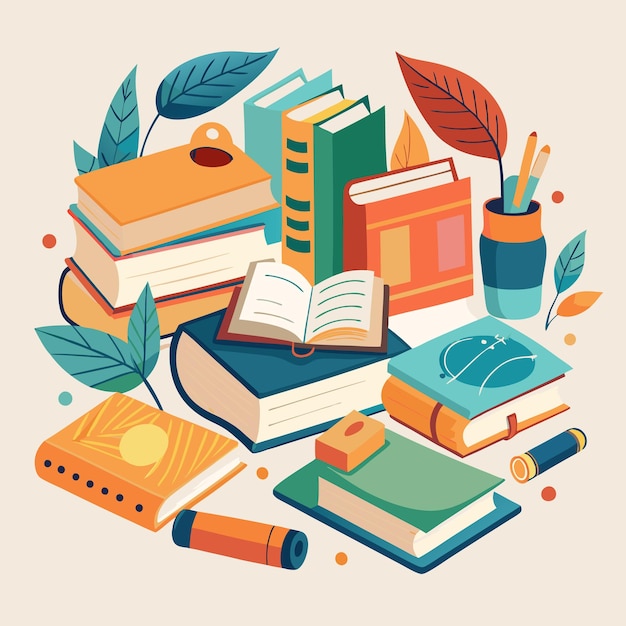 Vector creative and colorful education illustration with books and school supplies