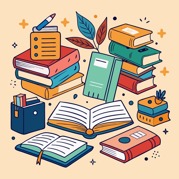 Vector creative and colorful education illustration with books and school supplies