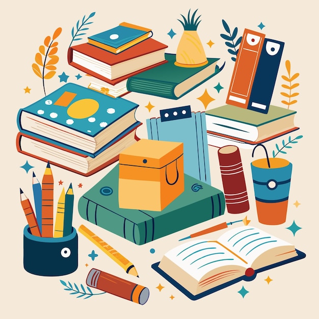 Творческие и красочные образовательные иллюстрации с помощью книг и школьных приборов