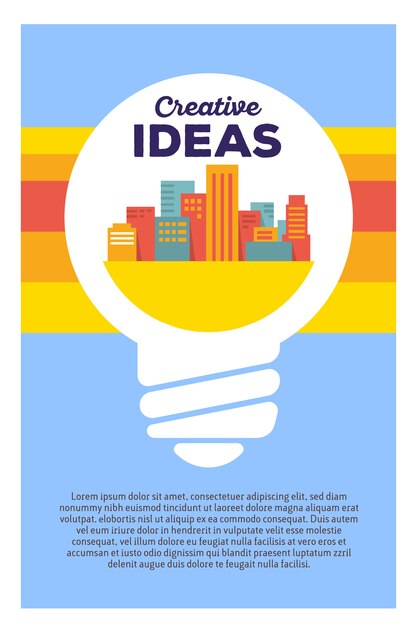 Vector creative colorful illustration of light bulb with city and header creative ideas, text on blue background. creative idea poster template.