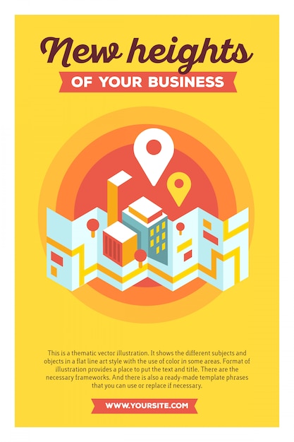 Creative colorful illustration of modern city map and geo signs with header new heights of your business and text on yellow background. geo navigation poster template.