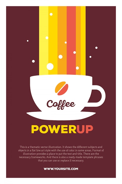 벡터 커피와 헤더 커피 파워와 갈색 배경에 텍스트 무지개 컵의 창조적 인 다채로운 그림.