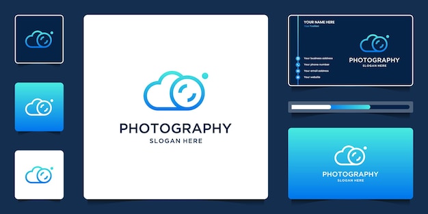 Vector creative combination of clouds and photo frames logo design for photography with business cards