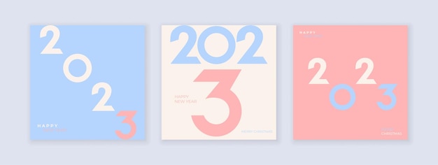 Concetto creativo del set di poster di felice anno nuovo 2023 modelli di design con logo tipografico 2023 per la celebrazione design con colori pastello sfondi minimalisti alla moda per la copertina di banner di branding