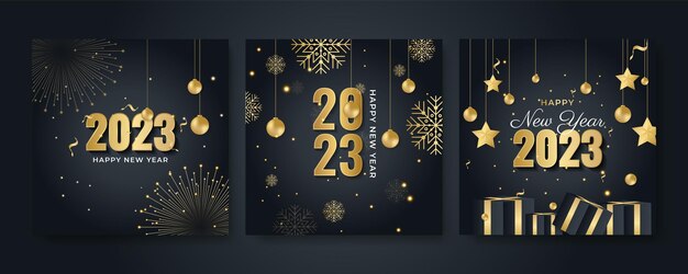 Креативная концепция набора плакатов "С Новым годом 2023" Шаблоны дизайна с типографским логотипом 2023 для празднования и украшения сезона Минималистичные модные фоны для брендинга обложки баннера