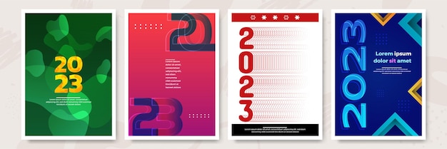 Vettore concetto creativo del set di poster happy new year 2023 modelli di design con logo tipografico 2023 per la celebrazione e la decorazione della stagione sfondi minimalisti alla moda per la copertina del banner di branding