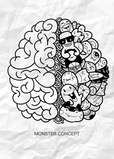 Concept creativo del cervello umano, monster doodle concept