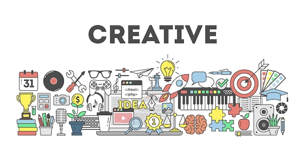 Creative concept illustration on white background Arts music and design