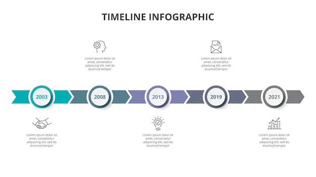 Concept creativo per timeline infografica con 5 passaggi. modello di affari di vettore per la presentazione.