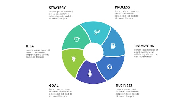 Concetto creativo per infografica con 6 passaggi opzioni parti o processi visualizzazione dei dati aziendali