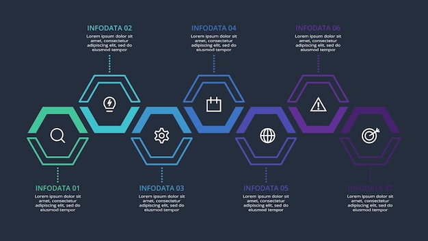 Vettore concetto creativo per infografica con 7 passaggi opzioni parti o processi