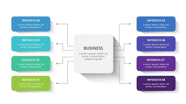 Concetto creativo per infografica con 8 passaggi opzioni parti o processi visualizzazione dei dati aziendali