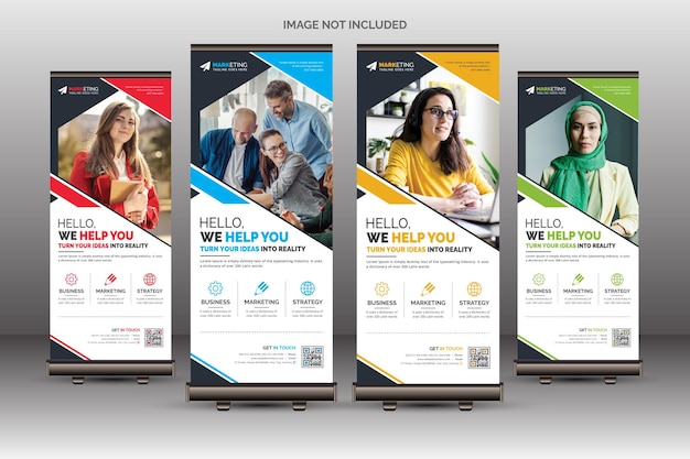 広告および多目的使用のための創造的な企業ロールアップバナーサイネージスタンディーテンプレート