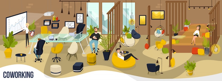 Vector creative coworking area, modern workplace for freelancers, illustration