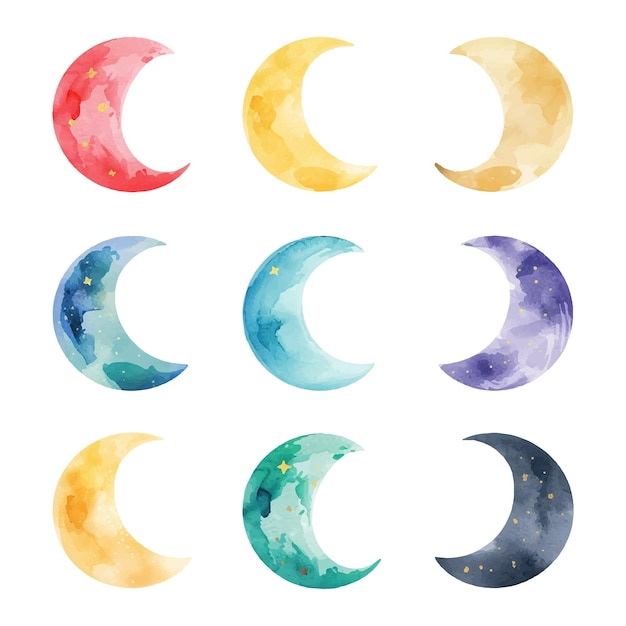 Vector creative crescent moon set watercolor illustration