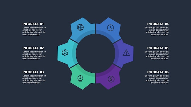 Вектор Креативная темная инфографика с 6 элементами шаблона для интернета на черном фоне бизнес-презентации