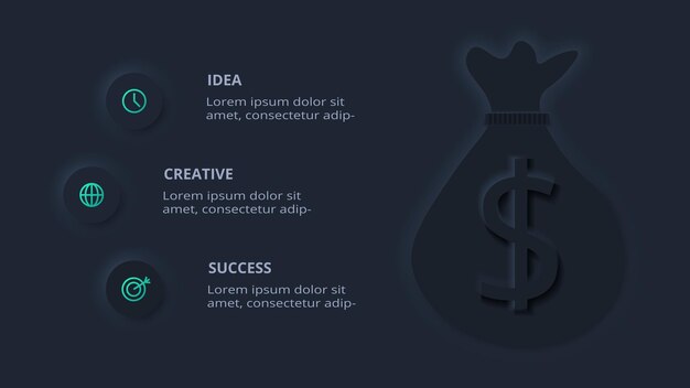 Creative dark infographic with 6 elements template for web on a black background business presentation