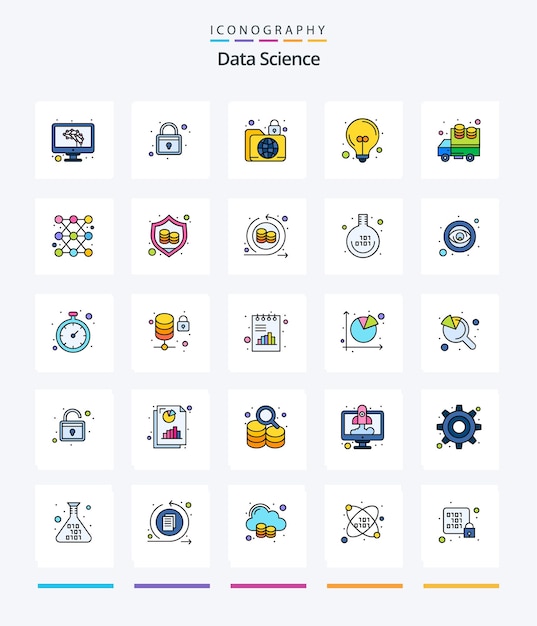 Creative Data Science 25 Line Filled 아이콘 팩(예: 빅 데이터 라이트 데이터 램프 보안)