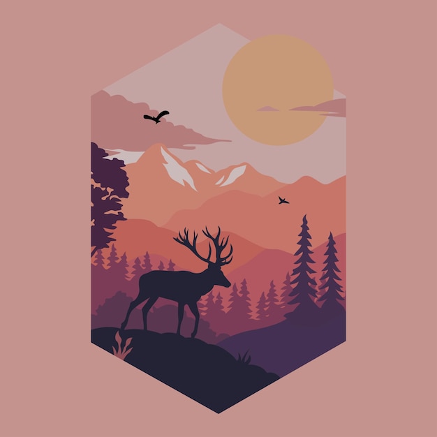 creative deer and mountain logo vector illustration on a light background