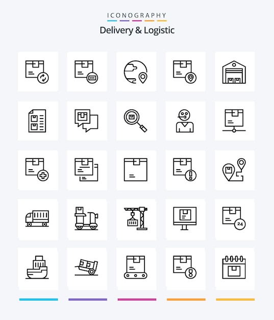 Creative delivery and logistic 25 outline icon pack such as location box shipping shipping global